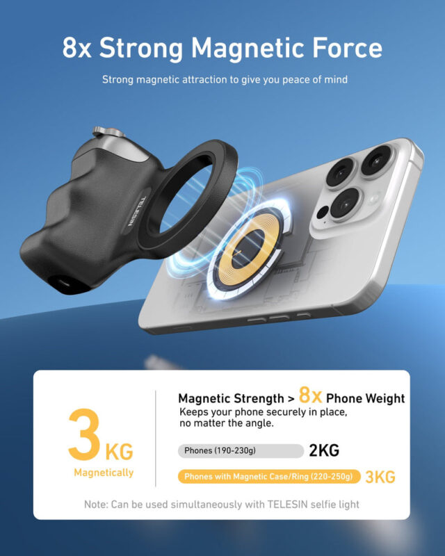 TELESIN Magnetic Camera Grip for Smartphone – Wireless Shutter Handle for Mobile Photography (Black) - Image 4